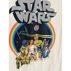 Star Wars Retro Rainbow Graphic T-Shirt Beige Unisex Tee Size M Movie Merch